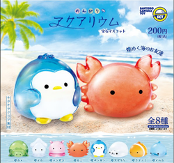 A blind box toy from Strangecat Toys: Aquarium Gacha Series. Includes a blue and white penguin, a red bubble, and more. Preorder now for Aug 2024.