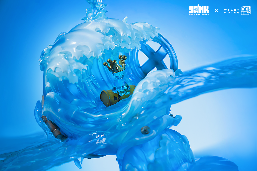 Alt text: Sank-Nuclear Sea-Blues resin toy preorder featuring a boy with a crown, splashing water elements. Limited edition of 199 sets.