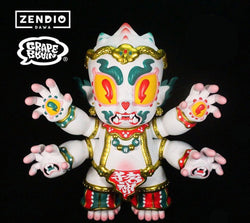 Toy figure with many arms, white and red design, close-up of teeth, mask, and toy. HANUMAN by Grape Brain, limited edition vinyl toy.