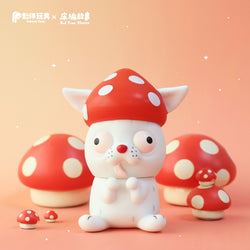 Mushroom dog figurine with red hat and tongue out, limited edition soft vinyl toy by Bad Time Stories.