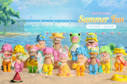 Satyr Rory Summer Fun Series toys on a beach, including figurines of a girl, baby, and cartoon characters.