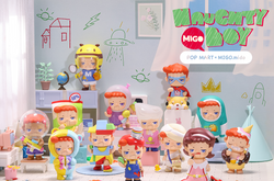 Naughty Boy Migo Blind Box Series: A group of toy figurines including a boy, baby with ice cream, bee, girl with lipstick, and more.