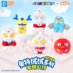 Ultraman Plush Series featuring various stuffed toys including a close-up of a stuffed animal with yellow eyes and a blue and grey stuffed animal.