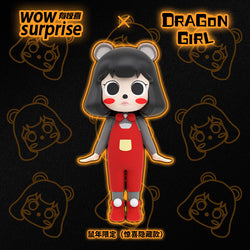 Dragon Girl Blind Box Series character with black hair holding a red surfboard and a yellow x symbol.