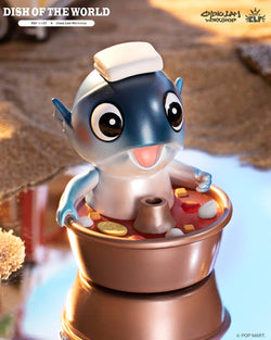 Toy figurine of a whale and fish in a pot, with rice, metal object, cookie, and eyeball close-ups.