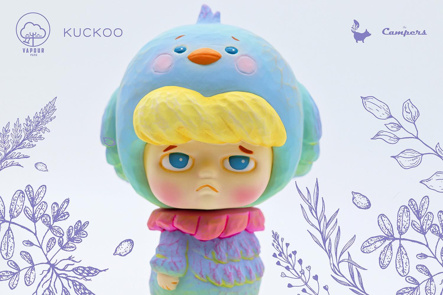 Toy figurine of a girl with a bird head, part of Kuckoo Blue Bird by The Campers x thinkinggues Animal Carving collection.