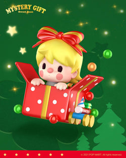 Cartoon character in a gift box with a bow, green balloon, and red ball.