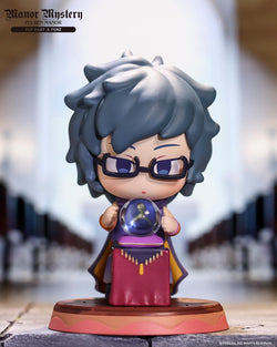 Fei Ren Zai Manor Mystery Blind Box Series figurine of woman with crystal ball and toy head with glasses.