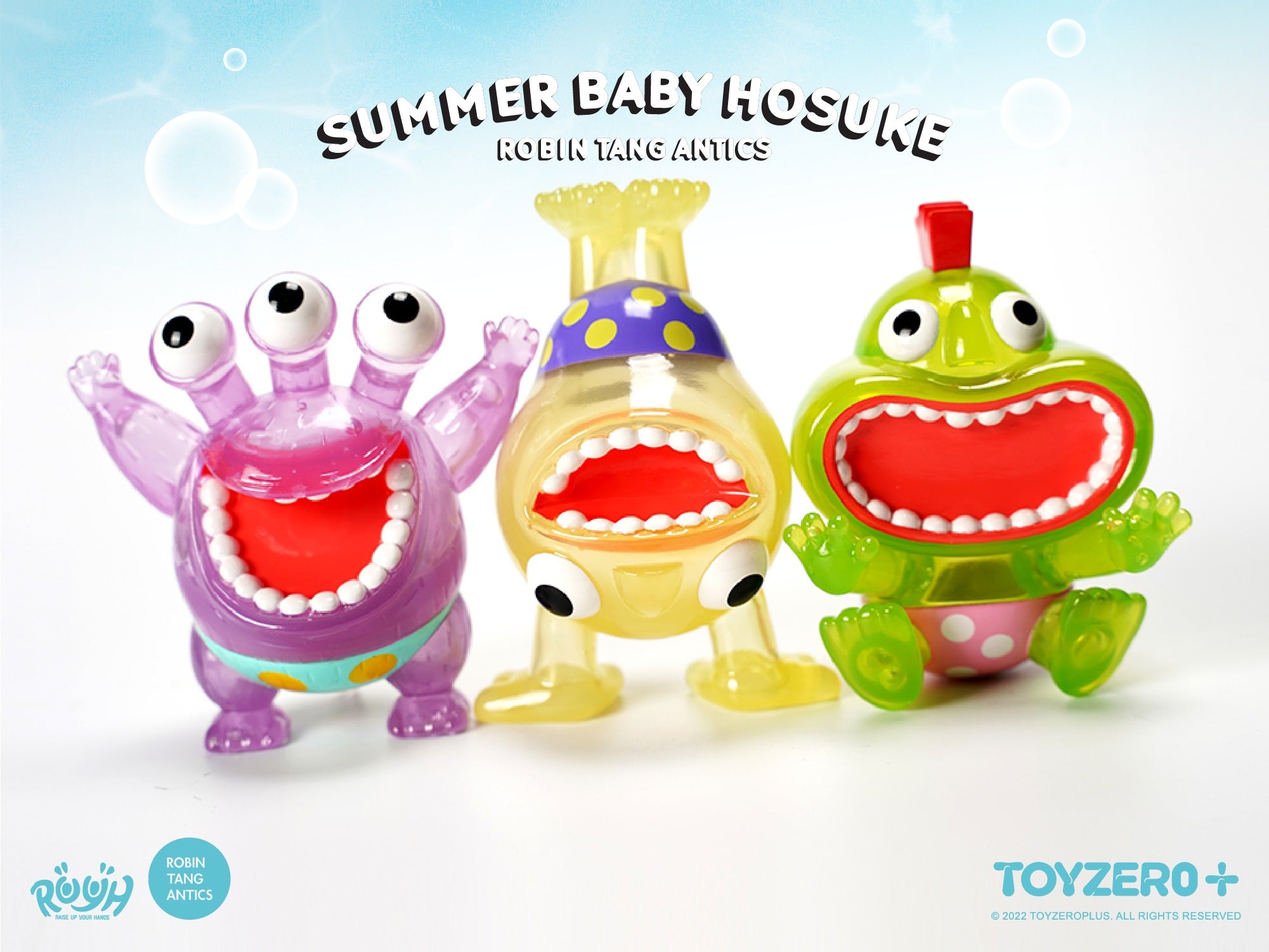 Toy animal figures, cartoon characters, and fake teeth in soft vinyl material. Summer Baby HOSUKE set by Robin Tang.