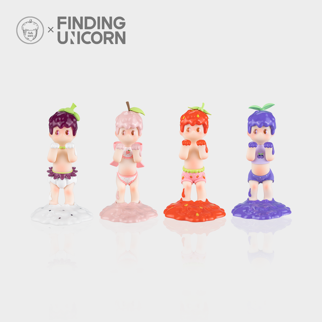 A group of toy figurines from the FINDING UNICORN FLCORN Fruit Series Collectible Blind box Series.