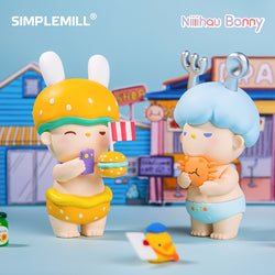 Bonny lonely island Blind Box Series by Niiiihau: Toy figurines of baby, flag, hamburger, and doll with toy.