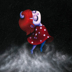 Unicorn Doll Dust Art Print: Cartoon character in red dress, legs in air, blue tights.
