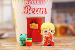 Sweet Bean: Cup Noodles House figurine next to toy building and noodles, child eating, food stack in cup, and toy close-ups.