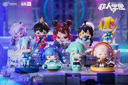 Fei Ren Xue Yuan Blindbox Series: A group of small figurines, including toy girls and boys with horns, part of a blind box collection.