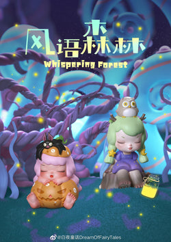 Cartoon puppet girl with owl figurine on pumpkin candy in Whispering Forest by Kemelife.