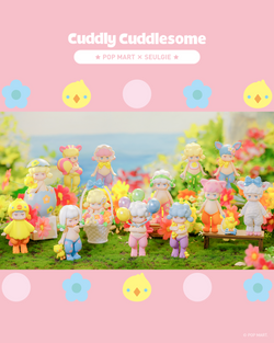 Rory Cuddly Cuddlesome Blind box Series toy figurines by Seulgie x Pop Mart, featuring cartoon characters and toy dolls.