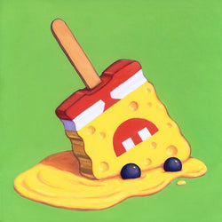 A cartoon of a yellow ice cream bar with a baseball bat, mushroom, and toy close-ups.