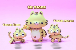 Tiger by HUGMe toy with small animal figures, including cat toys and running animal figurine.