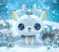 DeerCat & Friends - Winter Edition: Toy animal with a small bird, yellow object, and snowflake details in snow scene.