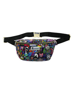 A close-up of the Midnight Metropolis Fanny Pack with cartoon characters and a label, featuring a zippered main compartment and adjustable strap.