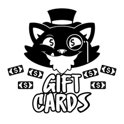 A cartoon cat logo with money and a dollar sign, representing a Strangecat Toys gift card.