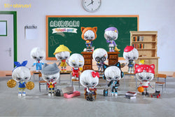 Abiru School Days toy collection featuring clock, chair, and toy figurine in a classroom setting.