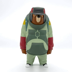 Toy bear in uniform and space suit with green pants, a hat, and a shoe. LEGO Kub Boba By Mike Fudge vinyl figure.