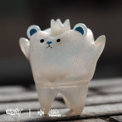 A white plastic tooth bear and a container, part of Tooth Bear - Shining Star by SHONE SIDE x Funk Toy, soft vinyl, 8 cm height.