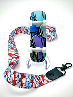 Art Decks - Chris RWK skateboard on stand with colorful design, lanyard included.