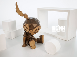 Wooden figurine of a person in helmet with toilet paper roll, part of Good Night Series-Dreams by Sank.