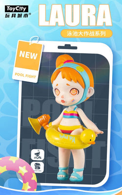 Laura Pool Fight Blind Box Series toy figurine of a girl in a swimsuit, toy head with orange hair, and inflatable circle with stars.