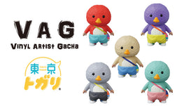 VAG 24-Tokyo Togari toy birds in various outfits, including pants and bird garments, soft vinyl figures in capsule, 2.5 tall.