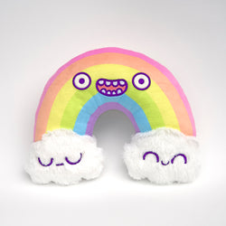 Bow Bow Plush by Mumbot, a rainbow spirit stuffed toy with a fabric face and fluffy details.