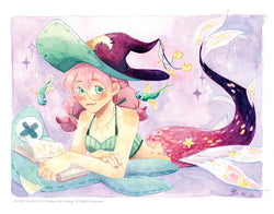 Cartoon mermaid reading a book and bird with hat illustration.