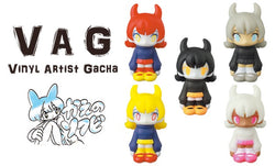 A group of cartoon toy figurines including VAG 34 Kae Chan from Strangecat Toys.