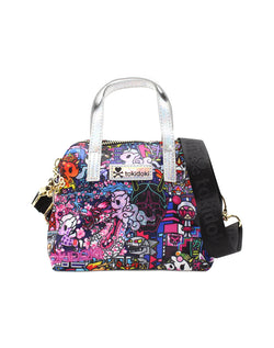 A close-up of a Midnight Metropolis Mini Bag with tokidoki characters and logo details.