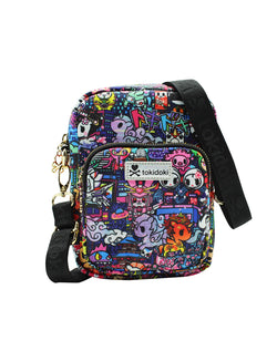 A mini crossbody bag featuring tokidoki characters in a vibrant cityscape at night.