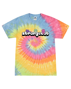 A tie dye t-shirt with a logo featuring cartoon cats and a purple bear design.