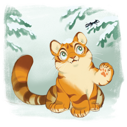 Cartoon cat with close-up eyes, part of DeerCat Cafe - Multi-Tiger Baby art print.