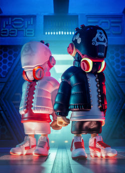 UNK/Z MK1 by Core62 toy figures with detachable helmet cover and switchable lights, close-up details of robot and shoes.