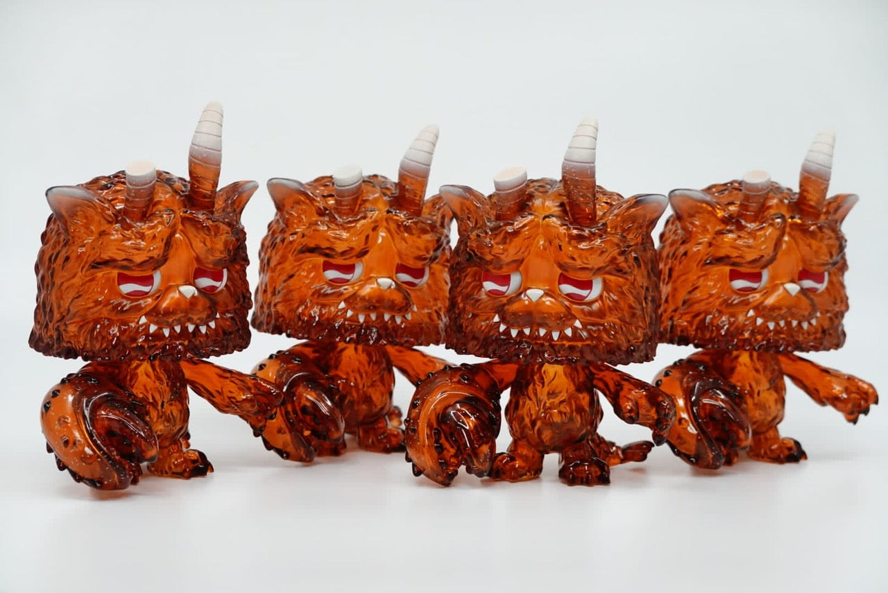 A group of plastic toys, including a brown cat toy with a face and close-up shots of various toy details, part of the Omeow (Cola Omeow) collection by BigclawX.