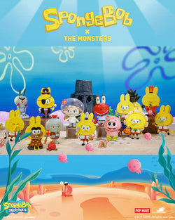 Cartoon characters from Spongebob Monsters Blind Box Series by How2Work x POP MART on a beach with various props.