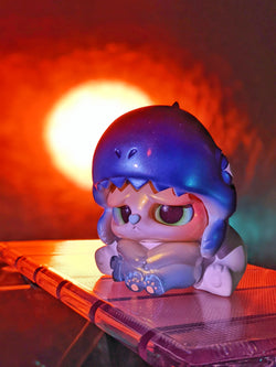 Toy animal with blue hat, close-ups of vinyl toy, limited edition Sola by Shabon Lee from Strangecat Toys.