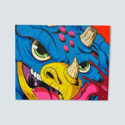 Acrylic painting on canvas board featuring a cartoon dinosaur character, a graffiti piece, and a close-up of a blue eye.