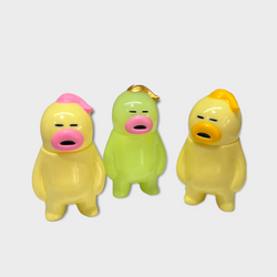 A group of plastic toy ducks, part of the Japanese Sofubi ARE Sofvi Guardians by Hariken collection.