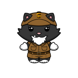 Cartoon cat in uniform with mustache and logo, Hold My Order Token.