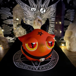 A toy animal with horns, part of Bobbi The Baphomet - Hellfire Edition by Zintears, 10cm tall vinyl limited to 100pcs.