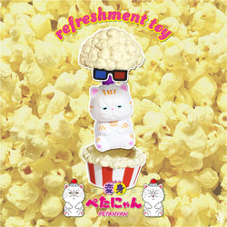 Cat toy on popcorn with cauliflower, glasses, and cartoon cat designs from Refreshment Toy Blind Box Series by Henshin Petanyan.