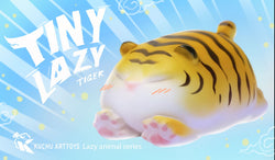 Tiny Lazy Tiger by Pack Kuchu, a toy tiger figurine resting on its side, limited edition resin material, 4 cm long.