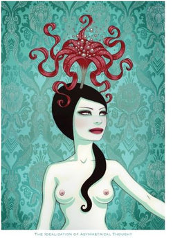 Woman with red flower in hair, long black hair, in painting The Idealization of Asymmetrical Thought Miniposter by Tara McPherson.